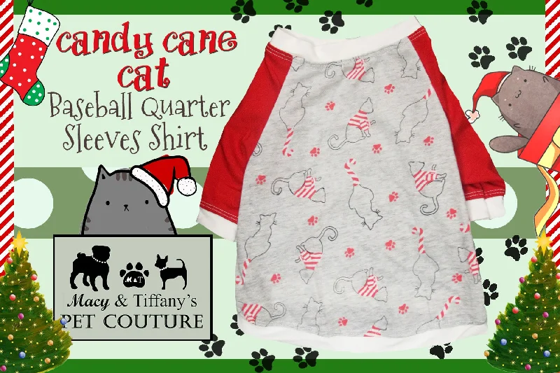 Christmas Candy Cane Cat Baseball Quarter Sleeves Pet Shirt