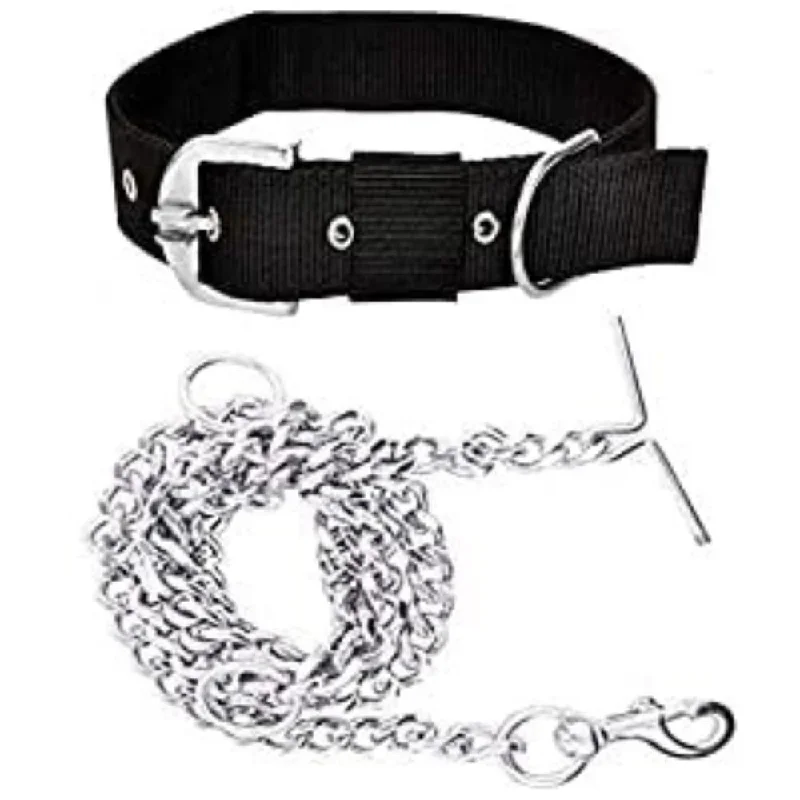 Chullbull Nylon Collar and Heavy Chain Leash for Dogs (Black)