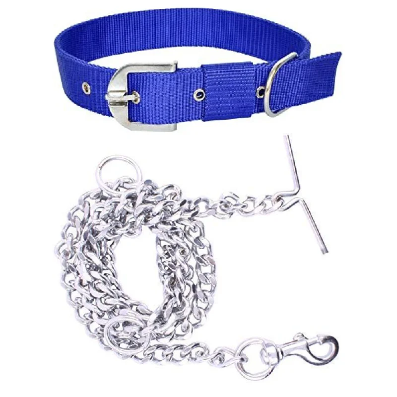 Chullbull Nylon Collar and Heavy Chain Leash for Dogs (Blue)