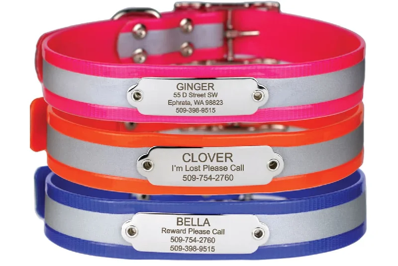 Reflective Waterproof Dog Collars with Nameplate, Riveted-on