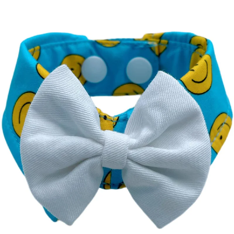 RuffCo Handcrafted Bowtie Button Collar For Cats & Dogs (Blue Smiley)